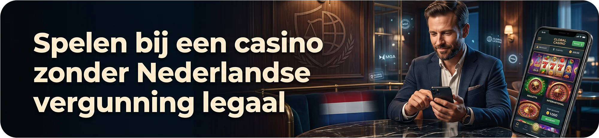 Een man in een pak die op zijn smartphone speelt in een luxe casino-omgeving, met virtuele badges die internationale licenties zoals MGA en Curaçao tonen.