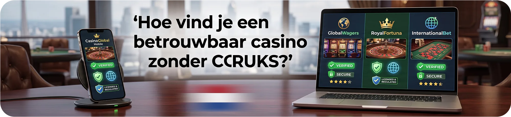 Gids over hoe je een betrouwbaar casino zonder CRUKS vindt, met geverifieerde en veilige internationale goksites weergegeven op een laptop en smartphone.