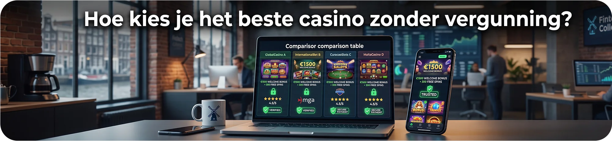 Een laptop die een vergelijkingstabel toont om uit te leggen hoe je het beste casino zonder vergunning kiest, inclusief welkomstbonussen, free spins en licenties.