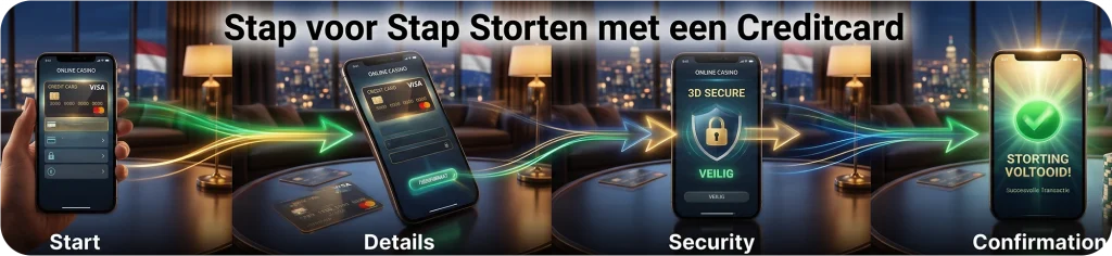 Stap-voor-stap handleiding voor het storten met een creditcard bij een online casino, inclusief 3D Secure veiligheidscheck en transactiebevestiging