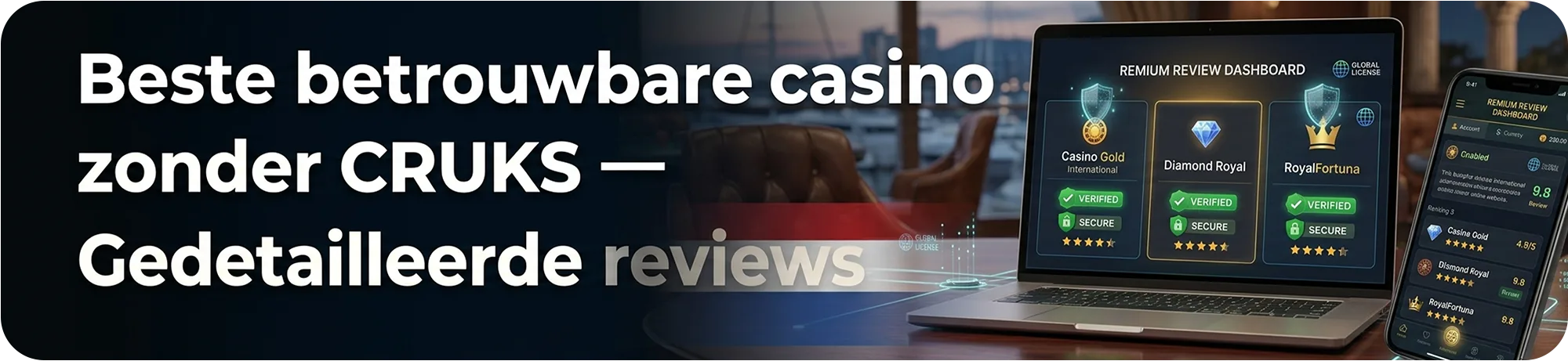 Gedetailleerde reviews van de beste betrouwbare casino's zonder CRUKS, met een dashboard op een laptop dat scores en veiligheidscontroles van goksites toont.