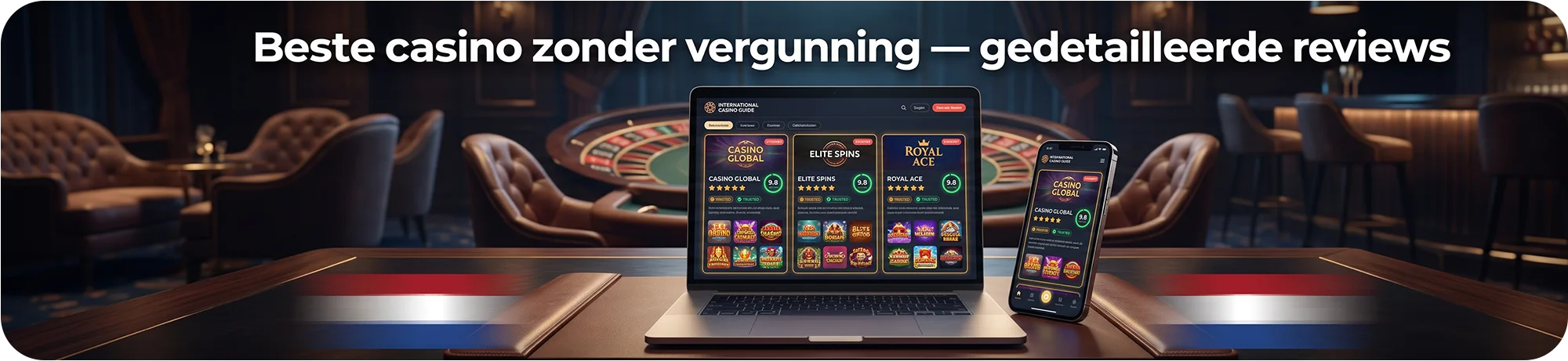 Gedetailleerde reviews van het beste casino zonder vergunning, weergegeven op een laptopscherm en smartphone met scores, bonussen en betrouwbaarheidsindicatoren.