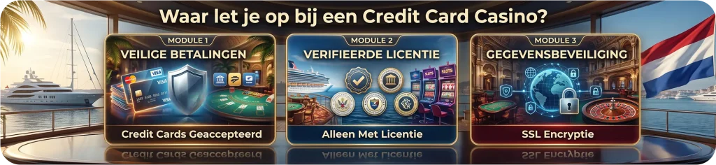 Infographic over het kiezen van een betrouwbaar creditcard casino, met nadruk op veilige betalingen, geverifieerde licenties en SSL-gegevensbeveiliging