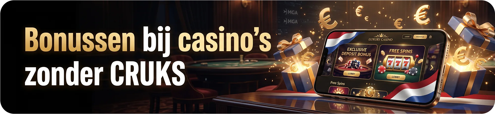 Overzicht van bonussen bij casino's zonder CRUKS, met een telefoon die exclusieve stortingsbonussen en free spins toont te midden van gouden cadeaus en euromunten.