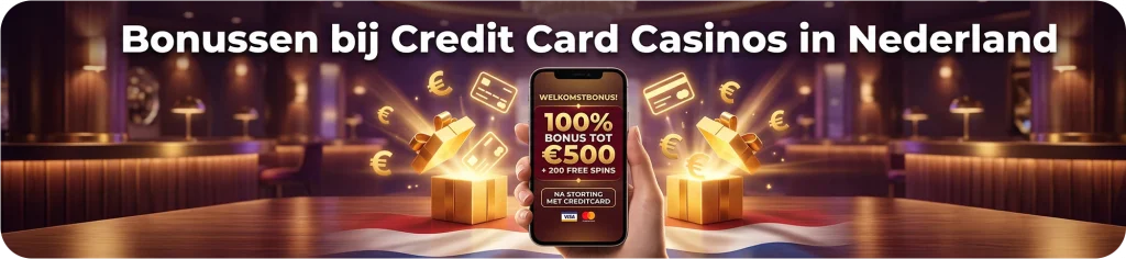 Welkomstbonus tot €500 en free spins bij creditcard casino's in Nederland, getoond op een mobiele telefoon met gouden cadeaus en euromunten