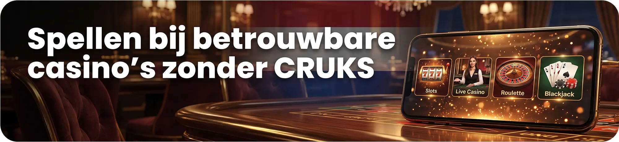 Selectie van spellen bij betrouwbare casino's zonder CRUKS, met een mobiel scherm op een casinotafel dat opties toont voor slots, live casino, roulette en blackjack.