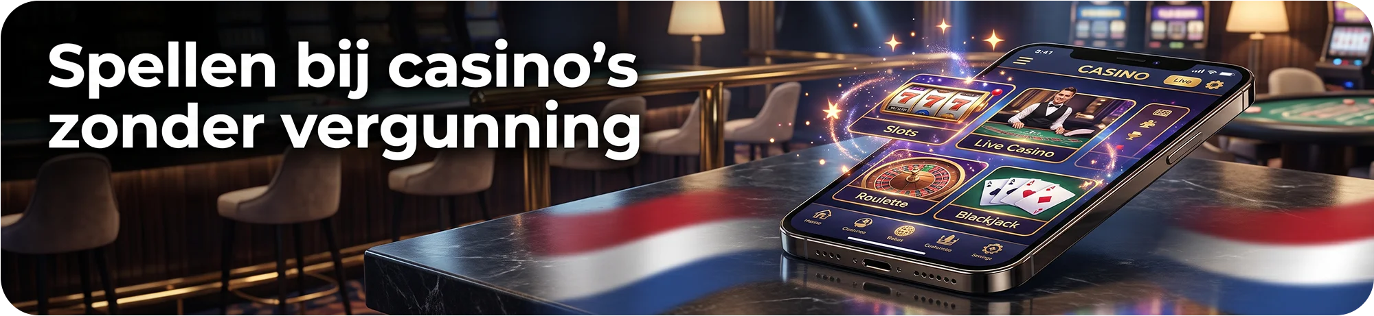 Een smartphone op een casinotafel die verschillende spellen bij casino's zonder vergunning toont, zoals slots, live casino, roulette en blackjack.