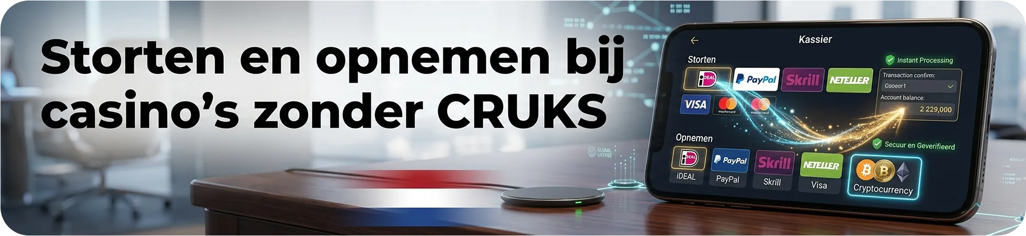 Digitale kassa op een smartphone die storten en opnemen bij casino's zonder CRUKS toont, met betaalmethoden zoals iDEAL, PayPal, crypto en creditcards.