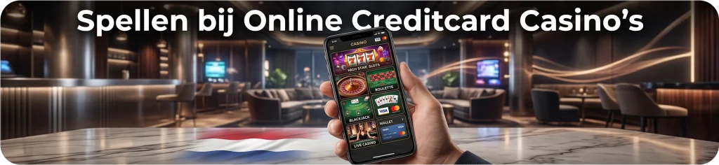 Verschillende casino spellen zoals slots, roulette, blackjack en live casino bij online creditcard casino's, weergegeven op een smartphone