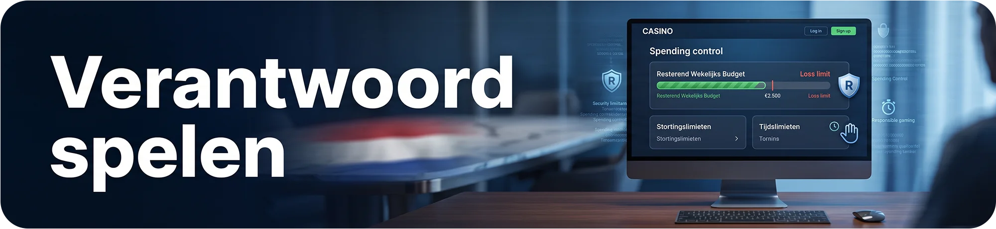 Overzicht van verantwoord spelen bij casino's zonder vergunning, met een computerscherm dat bestedingslimieten, stortingslimieten en veiligheidsfuncties toont.
