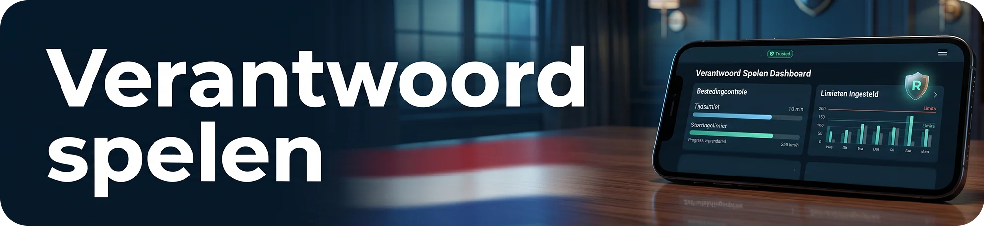 Dashboard voor verantwoord spelen bij casino's zonder CRUKS op een mobiele telefoon, met functies voor bestedingscontrole, tijdslimieten en stortingslimieten.