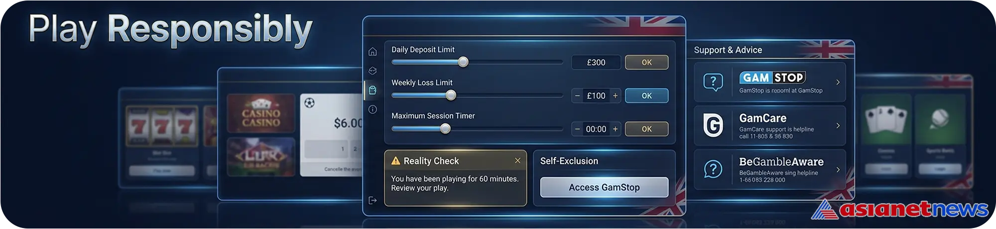 Responsible gambling dashboard with self-exclusion and player safety controls