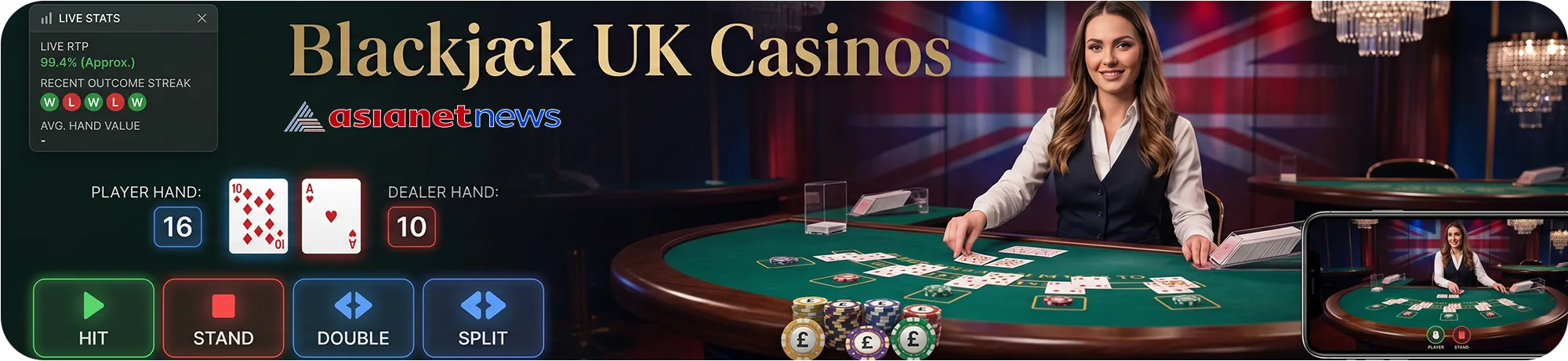Live blackjack table with dealer and player interface showing card decisions and betting options.
