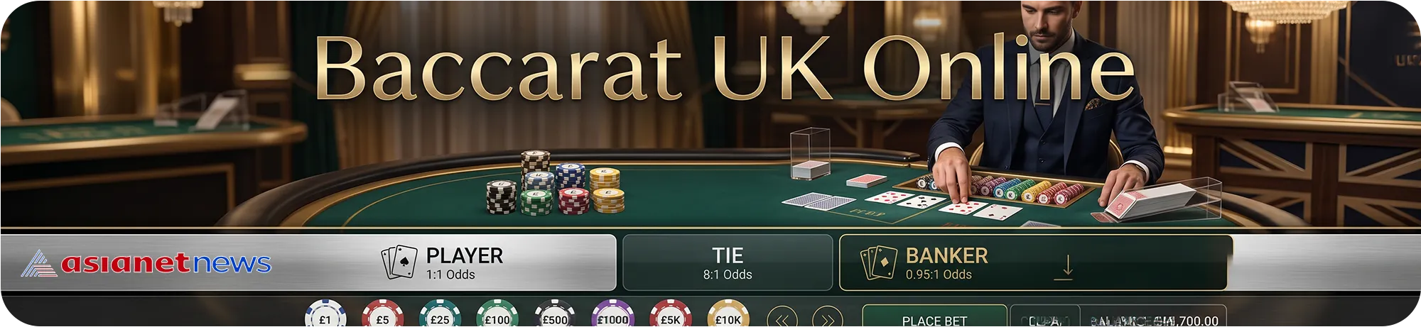 Baccarat table interface showing banker vs player betting layout with chips and live dealer setup.