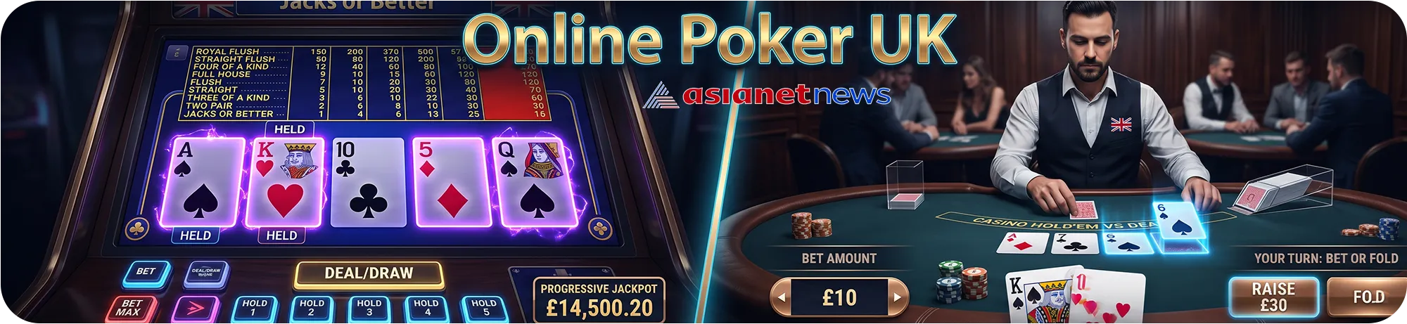 Poker gameplay split between video poker machine and live casino poker table.