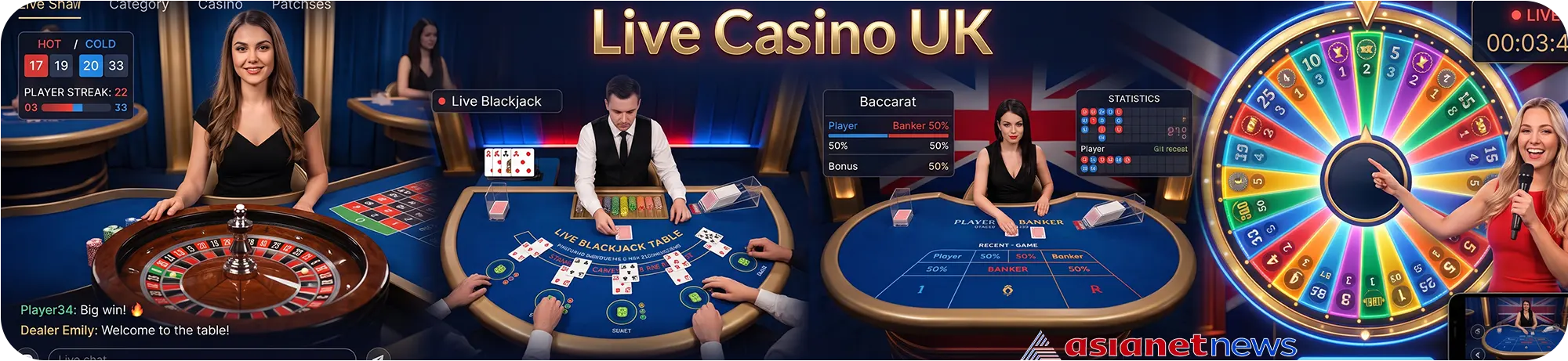 Live casino studio with roulette, blackjack, and game show streams in real-time HD broadcast.