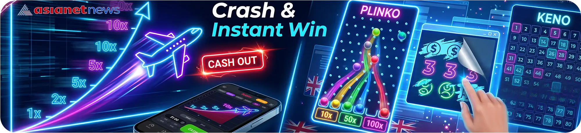 Crash game multiplier graph with instant-win games like Plinko and scratch cards.