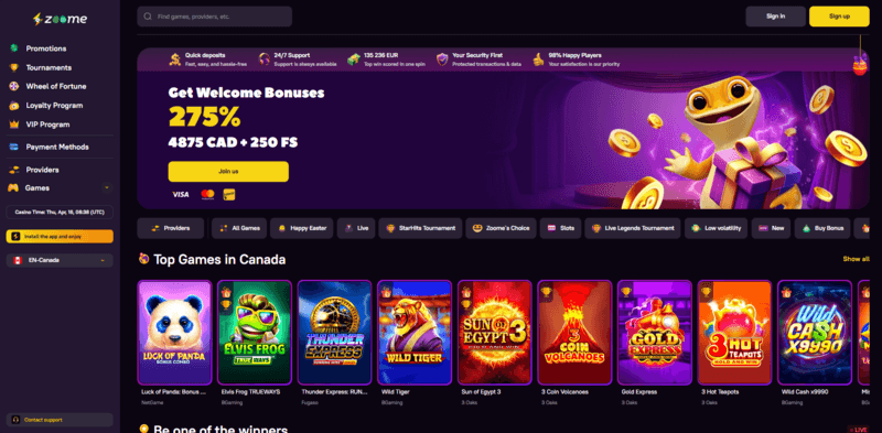 Zoome Casino web page