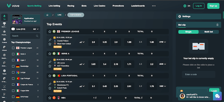 Vave Casino weboldal